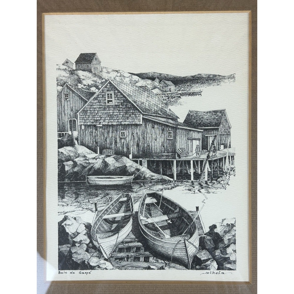 Black And White‎ Etching "Baie de Gaspe" by Mikola Framed Picture